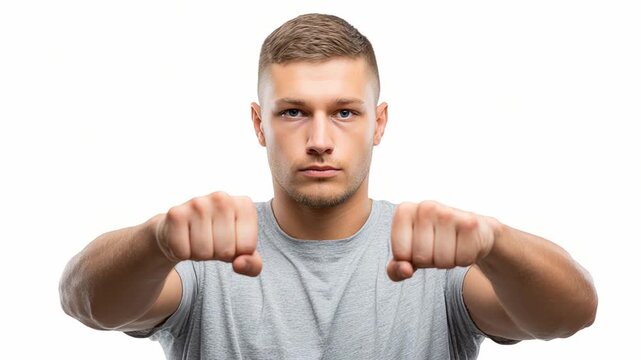 Determination in Focus: A man with clenched fists, embodying resolve and strength, confronts the viewer with a determined gaze. 
