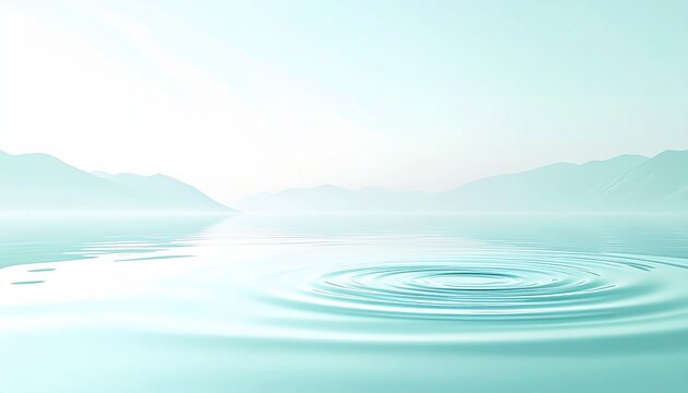 Zen water ripple background with calm turquoise lake and misty mountain horizon