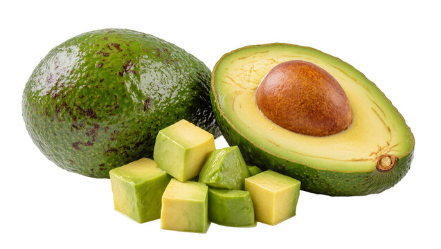 Ripe Avocado Whole and Diced with Large Seed and Green Flesh
