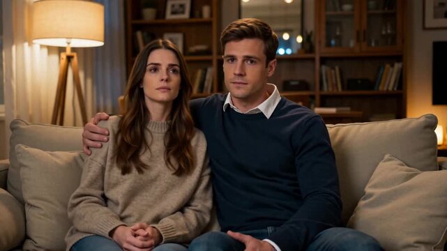 Young Couple Sitting Silently on Sofa in Living Room with Serious and Concerned Expressions