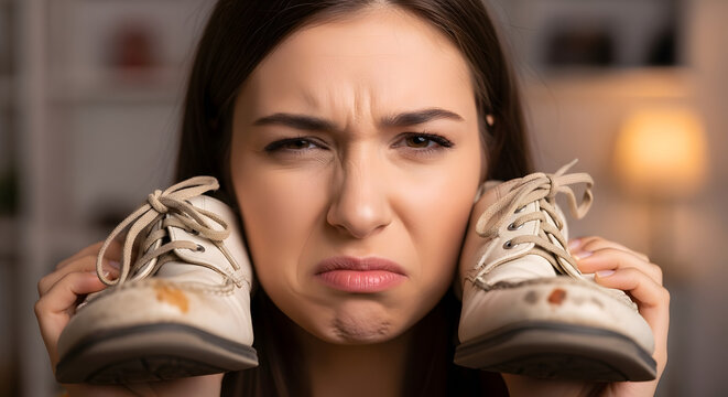 A woman holding a dirty sneaker, with a disappointed expression on her face, in a room with a lamp (close-up shot). AI generated image