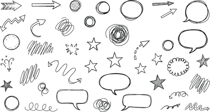 Hand drawn doodle collection shapes stars arrows and scribbles