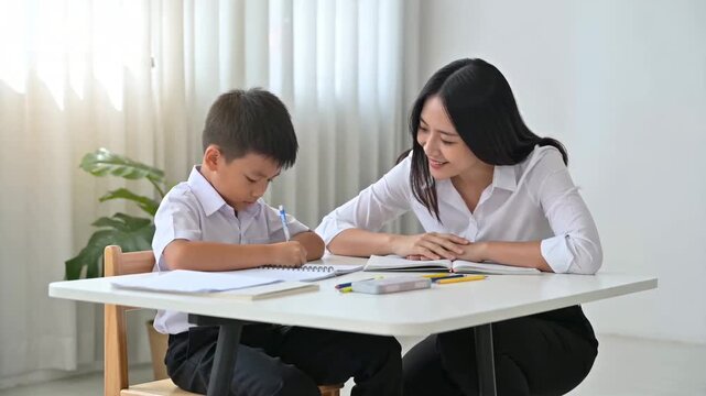 Empathetic Teacher Offering Gentle Encouragement to a Young Male Student Struggling with Homework