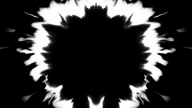 Professional monochrome ink blot with symmetrical kaleidoscopic motion. Organic form for conceptual visual storytelling and video art.