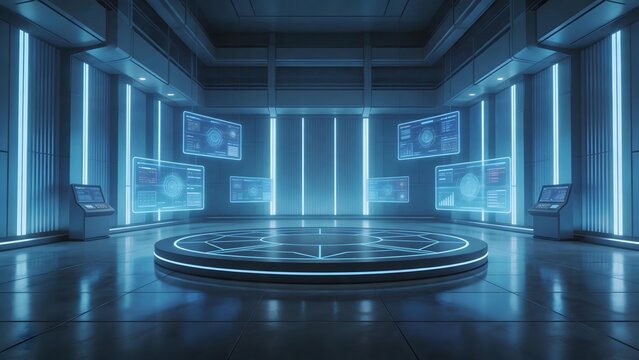 Futuristic control room with holographic displays