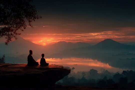 Silhouettes of teacher and disciple seated on a hilltop, lotus position, peaceful learning scene, Namaste gesture