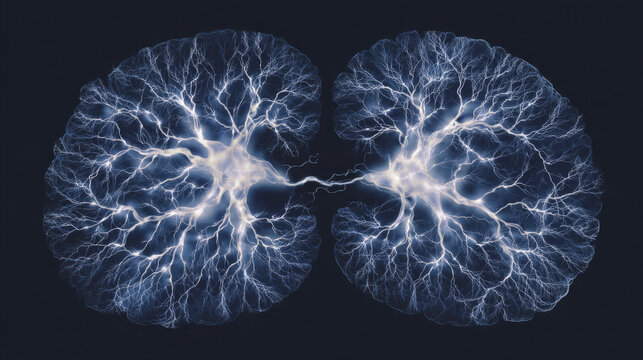 Brain CT showing active prefrontal cortex concept. Abstract representation of brain activity and electric energy.