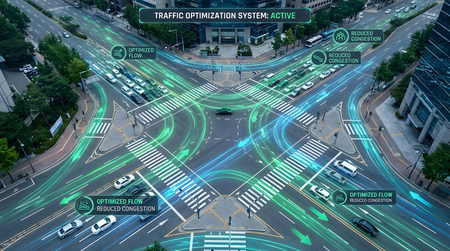 Aerial view of a futuristic smart city intersection with an AI-powered traffic optimization system actively managing urban mobility and detecting potential accidents