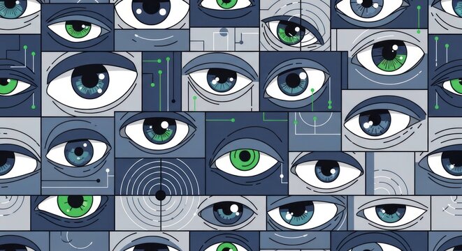 Eye surveillance pattern background, abstract technology concept with spying eyes illustration, dark blue surveillance theme.
