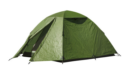 Green camping tent with dark zippers and stakes © Pablo