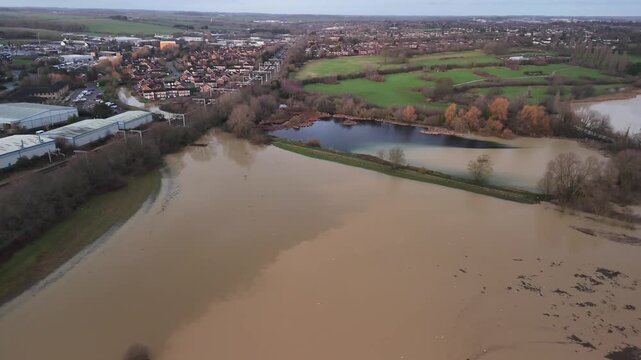 Aerial Panoramic View of Flooded Countryside and English Town in Barton Seagrave Northamptonshire