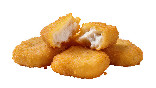Golden crispy breaded chicken nuggets pile with visible filling