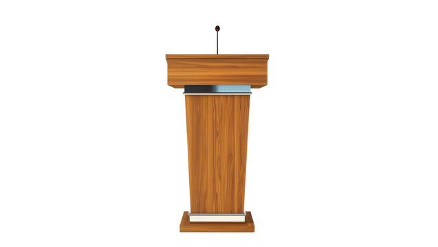 Wooden podium with microphone and silver accent panel