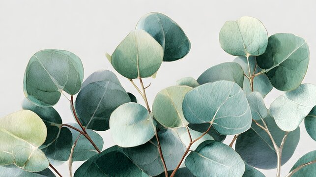 Botanical wall art with eucalyptus leaves, soft green tones, watercolor style, minimalist background, printable design.