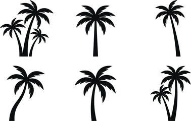 Fototapeta premium A diverse collection of black silhouette palm tree vector illustrations, showcasing various unique shapes and groupings, perfect for tropical, beach, or summer graphic design elements.