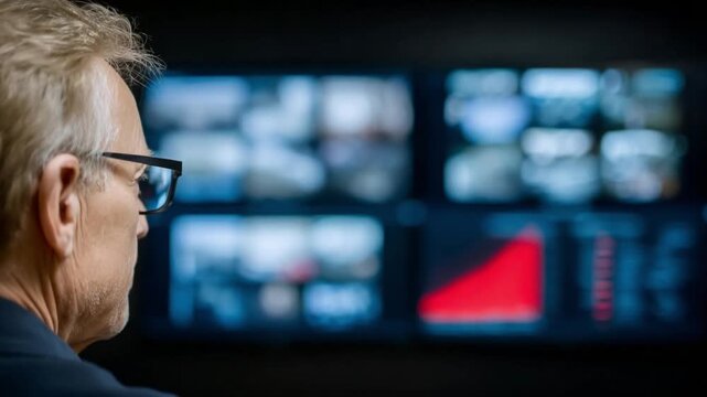 Guardian's Gaze: A focused individual in glasses, absorbed by multiple screens displaying live surveillance feeds, reflecting technological insight and dedication.