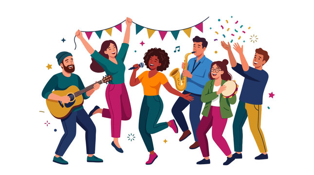 A festive Cinco de Mayo celebration featuring a group of happy characters dancing and playing musical instruments against a white background with colorful confetti and bunting