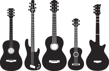 Fototapeta premium Guitar and string instrument silhouette set featuring acoustic, electric, bass, and ukulele designs in solid style for music use