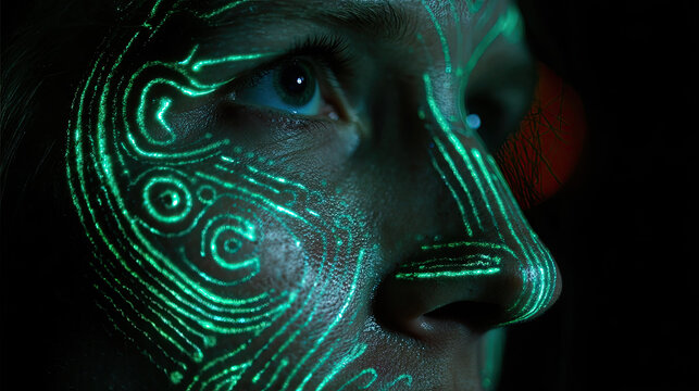 Energy visualization with colorful waves concept. Close-up of a face illuminated with vibrant glowing patterns.