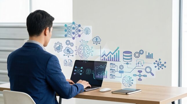 Professional man working on laptop with artificial intelligence graphics, machine learning algorithms, big data analysis, cloud computing, neural network and business growth