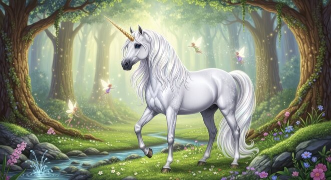 Majestic white unicorn with fairies in enchanted fairytale forest landscape. Magical scene with fantasy unicorn in woods.