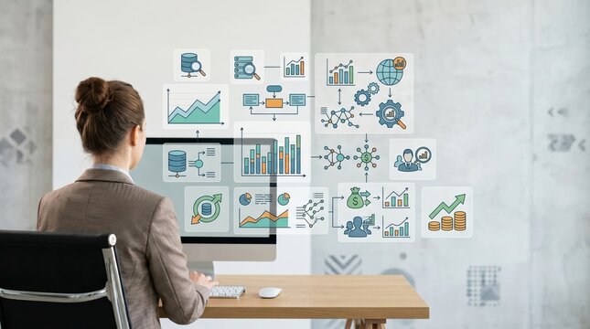 Businesswoman viewing complex data flow infographic on computer monitor showing database management, process automation, financial growth, team collaboration, and global