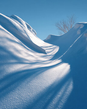 Long Tree Shadows on Snowy Mountainside - Minimalist Winter Graphic