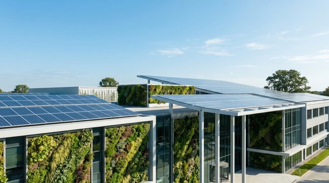 Modern sustainable office building with solar panels and vertical green walls under blue sky, eco-friendly architecture concept for renewable energy, environmental protection, and