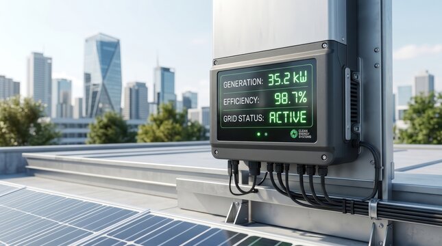 Close-up of solar power inverter display showing generation kilowatts, efficiency percentage, and active grid status on rooftop installation with city skyline background,