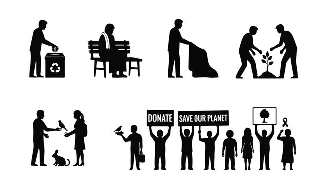 Set of 8 Black Silhouette Environment and Social Responsibility Vector Icons