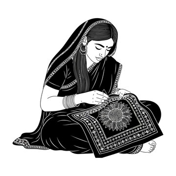 Bangladeshi Woman Embroidering Nakshi Kantha | Traditional Handmade Textile Art Vector