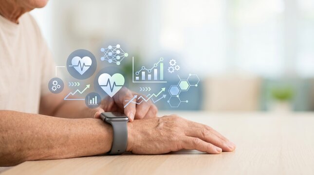 Senior man monitoring health metrics on smartwatch with medical icons overlay, elderly wellness and healthcare technology