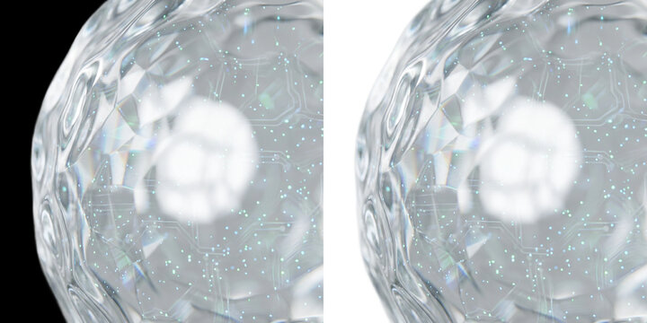Crystalline glass sphere with textured surface, abstract clear crystal ball macro, transparent decorative orb with refractive light patterns isolated PNG with Transparent Background