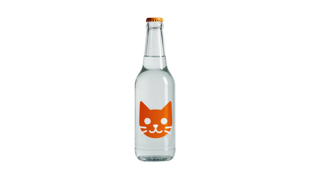 Clear glass bottle with orange cat label and golden bottle cap