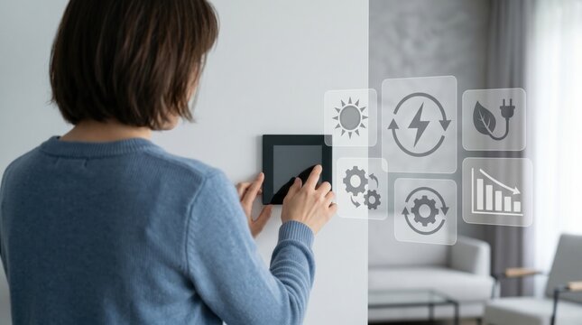 Woman adjusting smart home thermostat with holographic icons representing solar power, electricity, energy saving and eco-friendly sustainable living concepts.