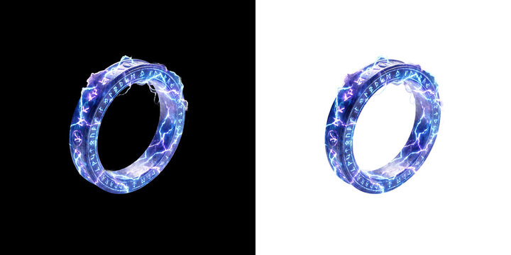 Glowing blue magic ring with lightning energy, mystical fantasy jewelry with electric sparks, enchanted ancient artifact for gaming assets isolated PNG with Transparent Background