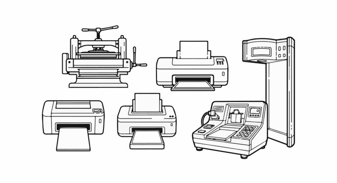 Collection of various printing and binding machines depicted in outline style