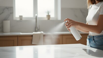 Obraz premium Young woman spraying disinfectant mist on a marble kitchen countertop for a hygiene and home safety concept in a bright modern kitchen environment