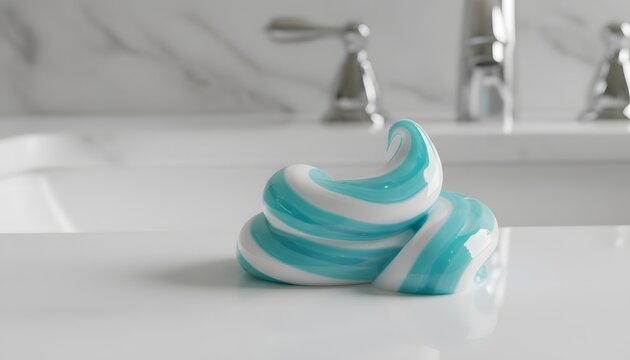 Blue and white striped toothpaste smeared on bathroom sink in a modern home, showing a dental health and hygiene concept for daily morning self-care