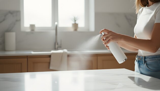 Young woman spraying disinfectant mist on a marble kitchen countertop for a hygiene and home safety concept in a bright modern kitchen environment