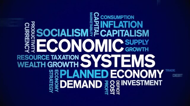Economic Systems animated word cloud-text design animation tag kinetic typography seamless loop.