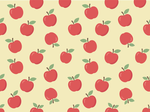 Seamless apple pattern in flat illustration style featuring red apples on a clean background. Perfect for textile, packaging, wallpaper, wrapping paper, and decorative surface design projects.