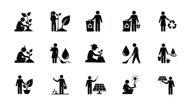 Set of 15 Black Flat Design Ecology and Environment Vector Icons