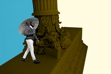 Naklejka premium 3d sketch image full art collage of happy girl guy stand indoor museum column art gallery exhibition ancient history hobby