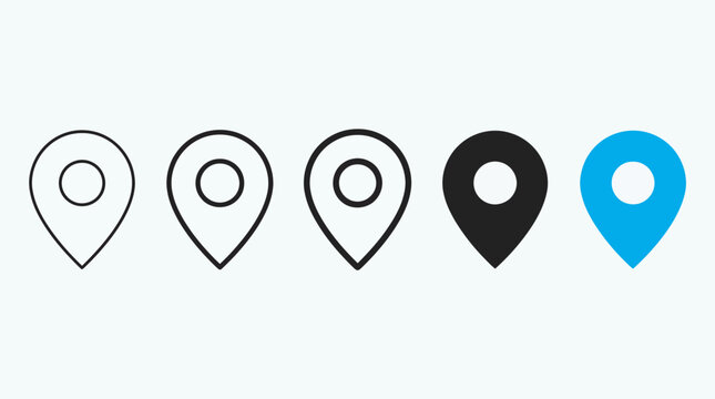Five location pin icons in varying styles used as map markers for navigation and geolocation concepts