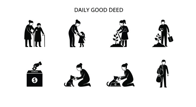 Set of 8 Daily Good Deed Black Glyph Icons Vector