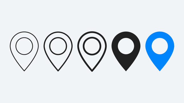 Five location pin icons in varying styles (outline, filled, blue) for map markers, geolocation, and navigation; a vector icon set.