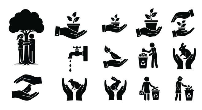 Set of 14 Black and White Environment and Nature Conservation Vector Icons