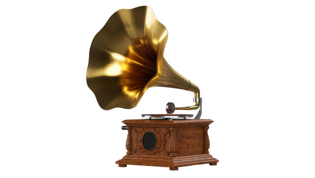 Vintage golden gramophone with wooden cabinet and turntable