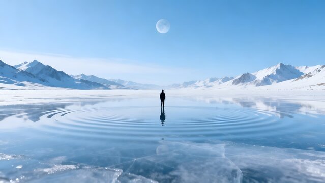 Person standing on frozen lake with moon